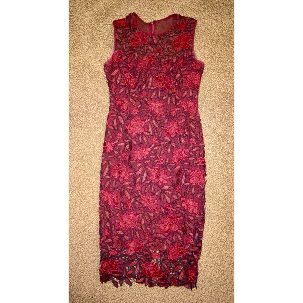 WHBM cocktail Red Floral Lace guest classic Sheath Crew Neck evening Dress 4